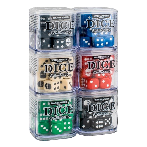 Set of Warhammer dice in clear plastic containers on a white background