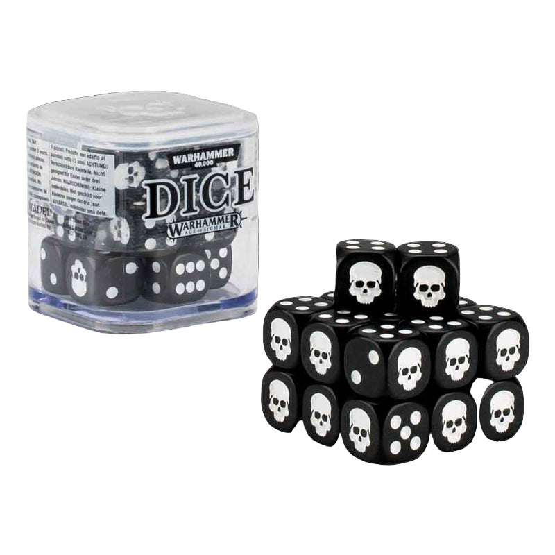 Black dice with white skull designs in a clear container labeled 'Warhammer'.