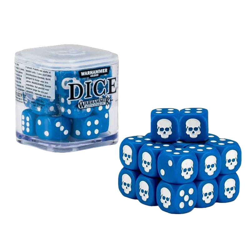 Blue dice with white skull designs and Warhammer Dice container on a white background