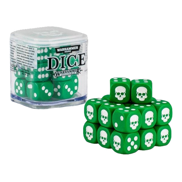 Green dice with white skull faces and a Warhammer dice container on a white background
