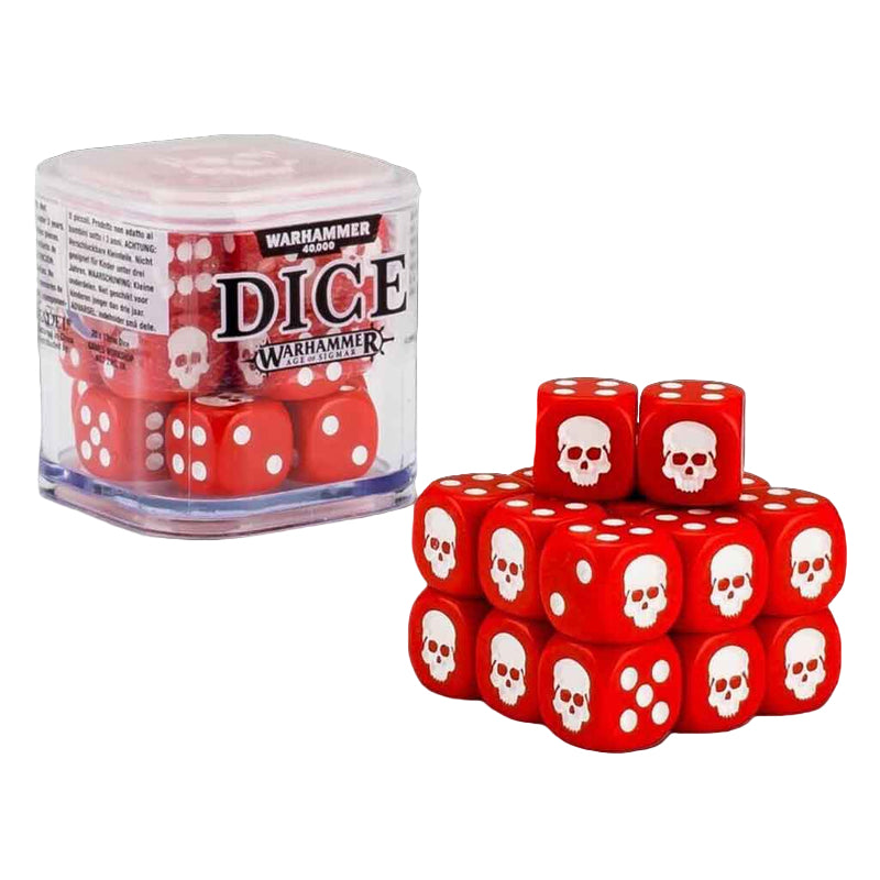 Red dice with white skull faces and Warhammer Dice packaging on a white background