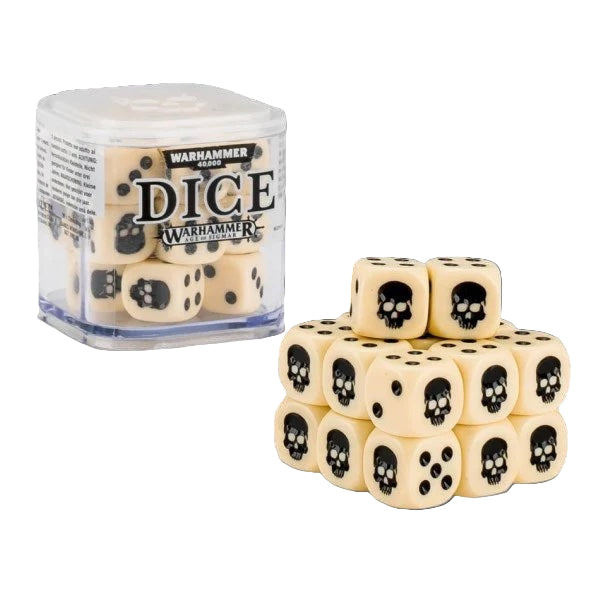 Set of dice with skull design next to their packaging labeled 'Warhammer Dice'.