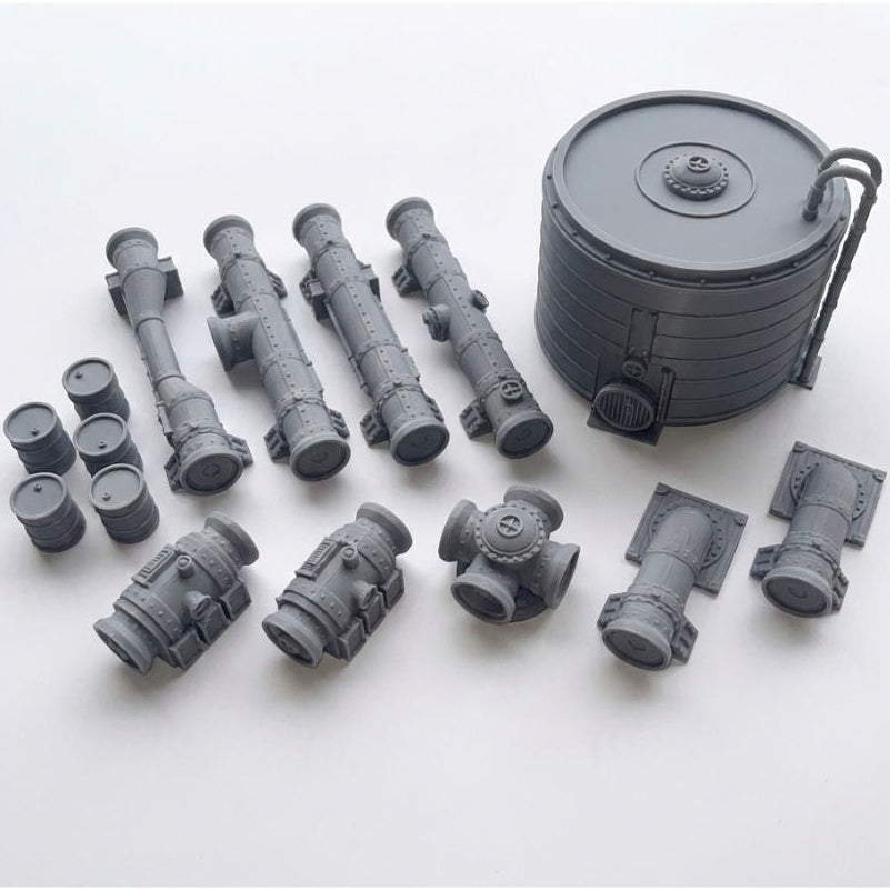 Collection of gray model parts on a white background