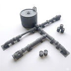 Gray metal pipe fitting set on a white background