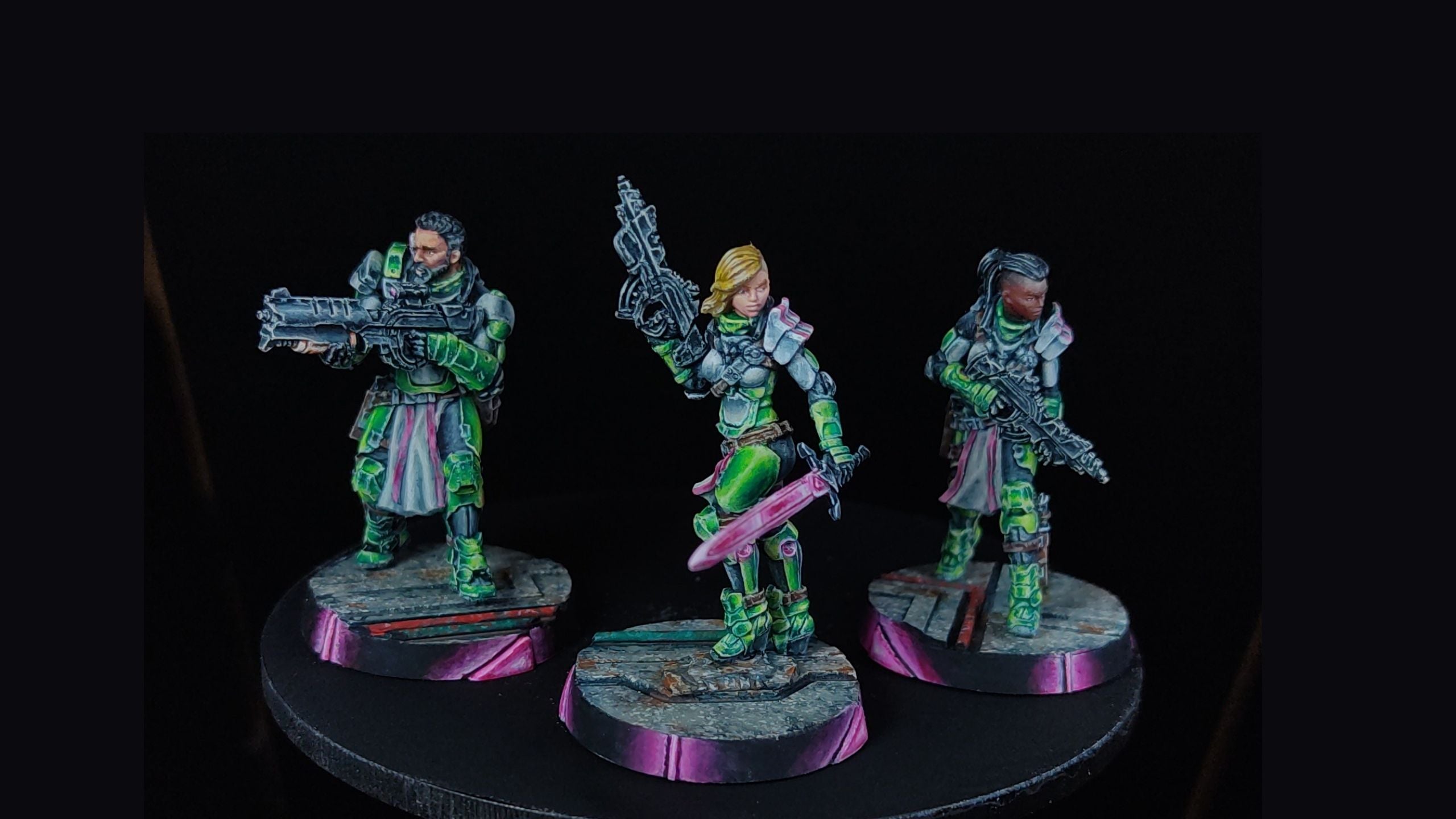 bent bristle studio commission painting service showing 3 highly detailed infinity characters on a black background