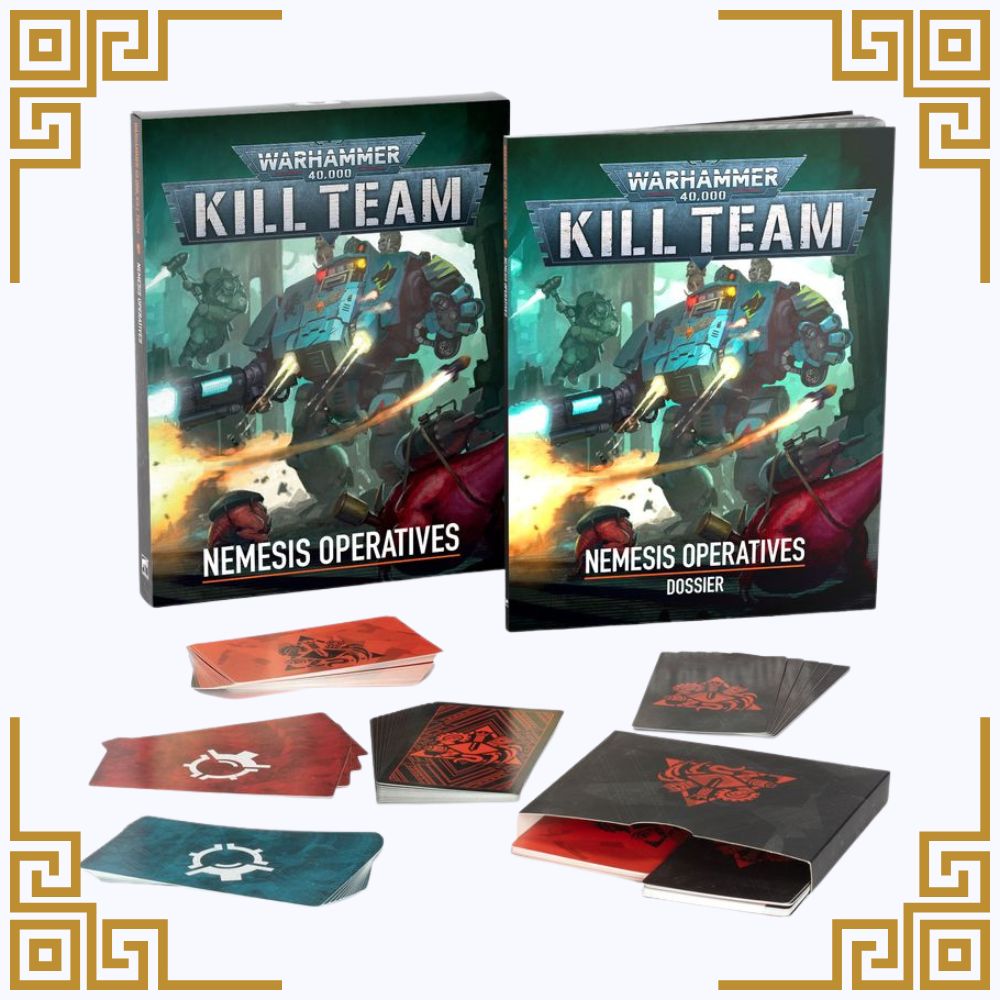 Two 'Warhammer Kill Team Nemesis Operatives' books with game cards on a white background