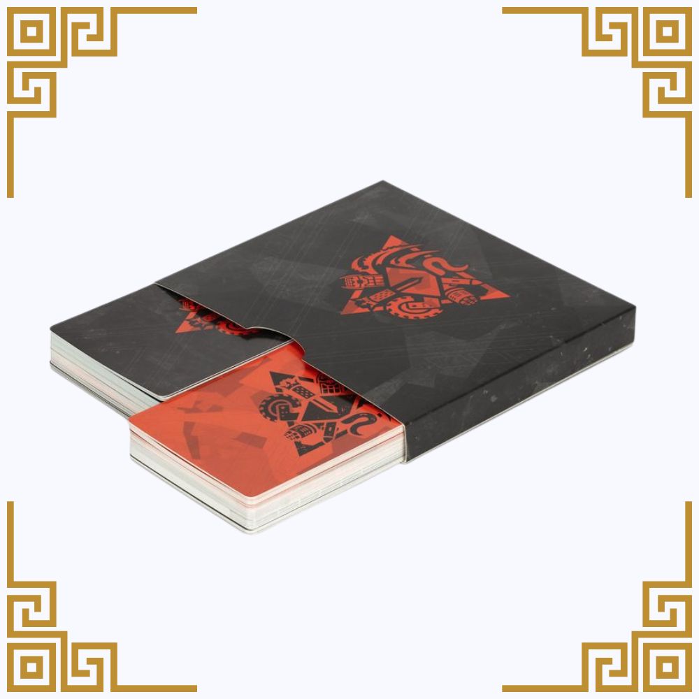 Black Warhammer 40k Kill team card holder with red and black geometric design on a white background