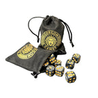 Set of dice with a gorgon games branded drawstring bag on a white background
