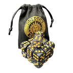 Black drawstring bag with gold gorgon games emblem on a white background with 20 dice in the foreground