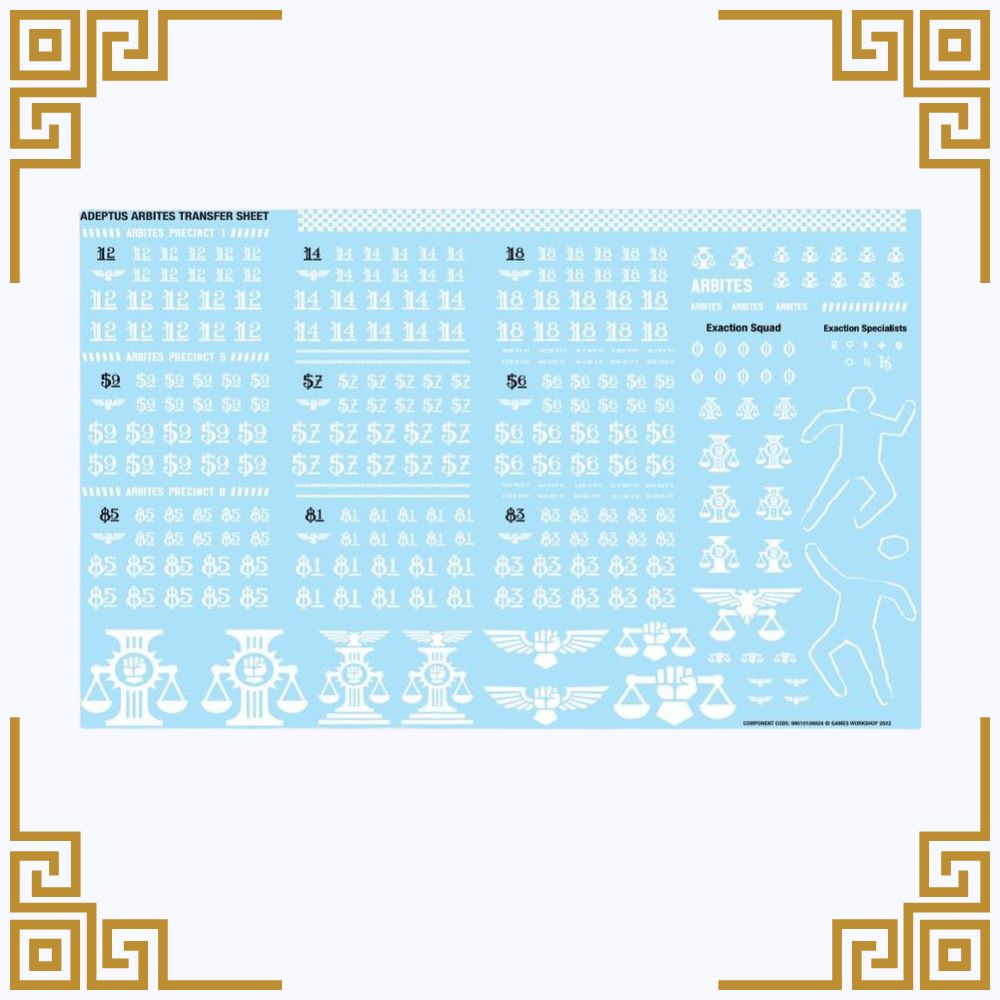 Blue transfer sheet with white graphics and text for killteam exaction squad
