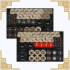 Collection of kill team farstalker kinband tokens and markers on a black mat with measurements