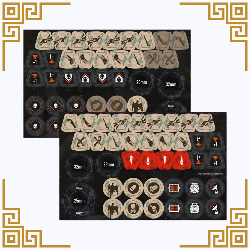 Collection of kill team farstalker kinband tokens and markers on a black mat with measurements