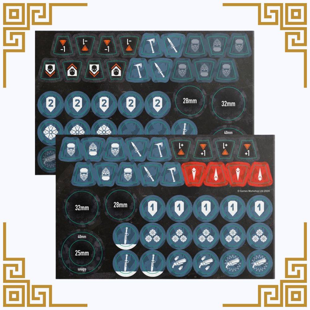 Set of killteam hernkyn yaegirs tokens on a black background with decorative borders.