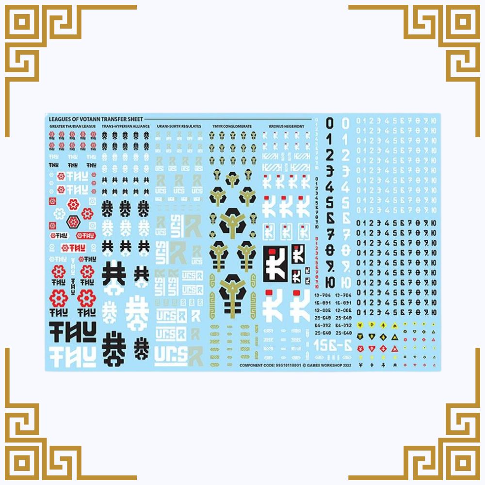 Transfer sheet for killteam hernkyn yaegirs with various symbols and numbers on a light blue background