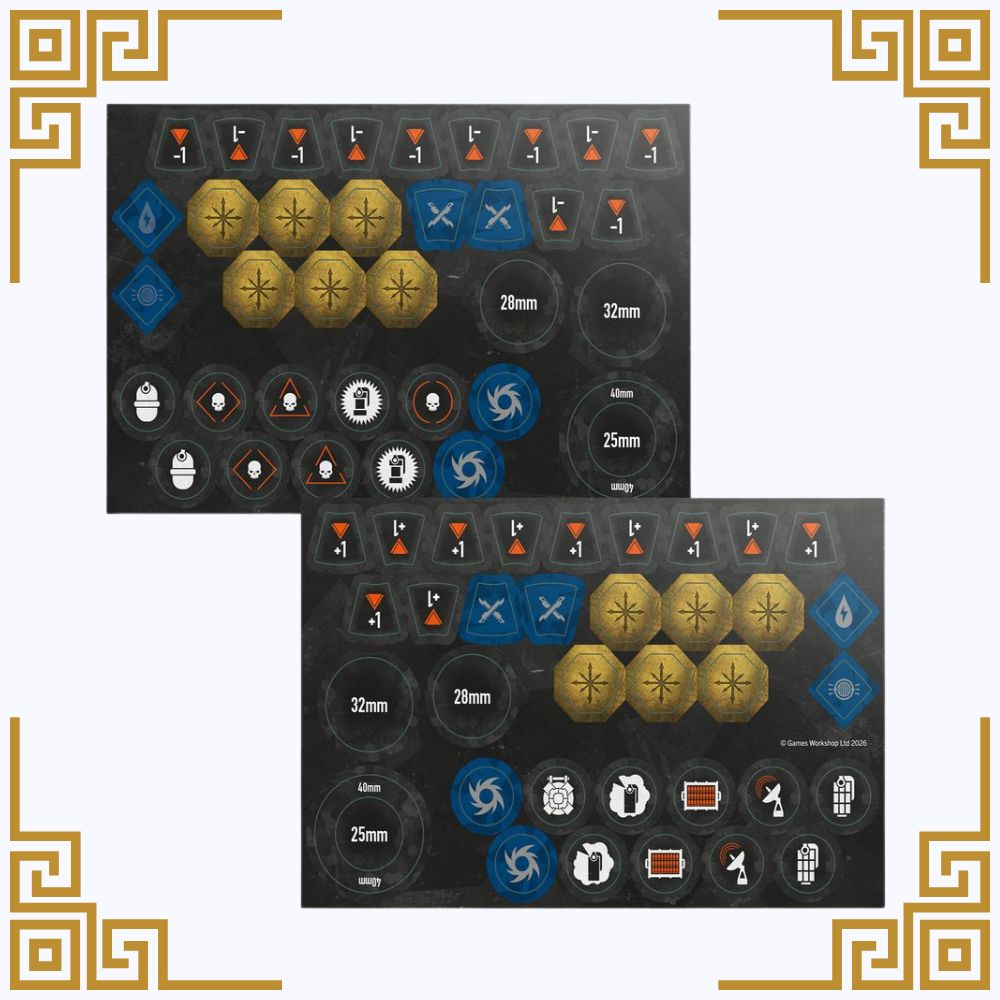 Two identical sets of kill team murderwing tokens on a black background with decorative gold borders.