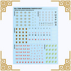 transfer sheet for kill team murderwing with various symbols and designs on a light blue background, framed by decorative elements.