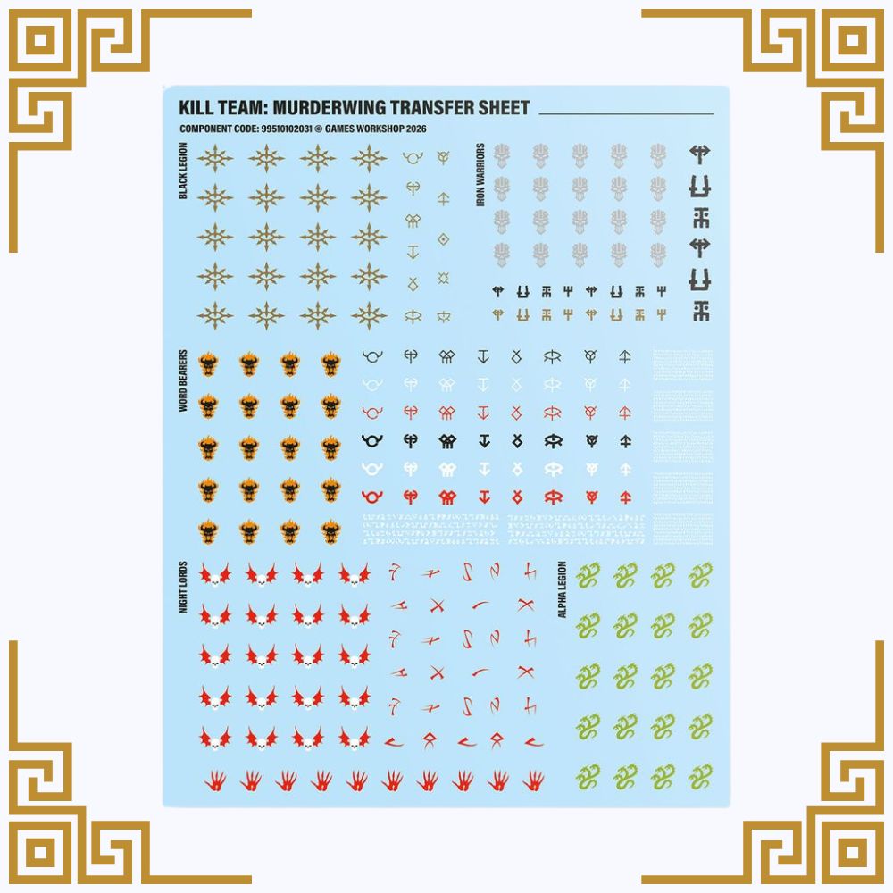 transfer sheet for kill team murderwing with various symbols and designs on a light blue background, framed by decorative elements.
