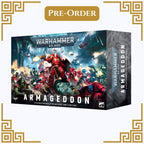 Warhammer 40,000 Armageddon game box with pre-order text on a decorative border.