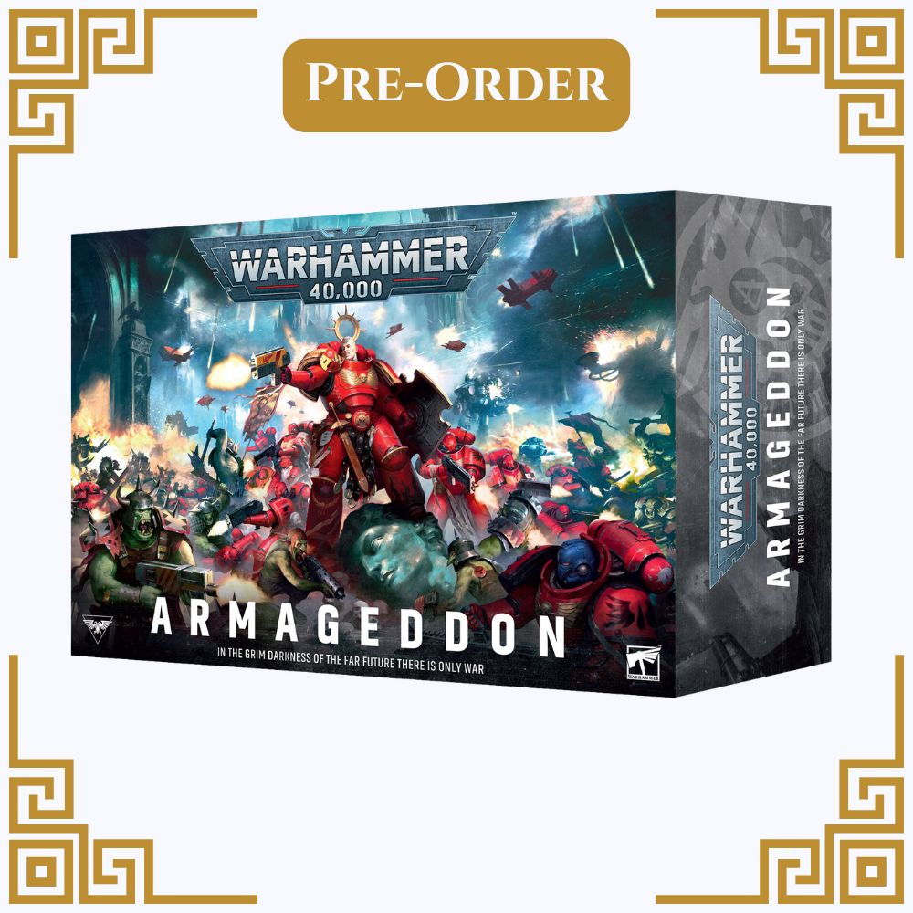 Warhammer 40,000 Armageddon game box with pre-order text on a decorative border.