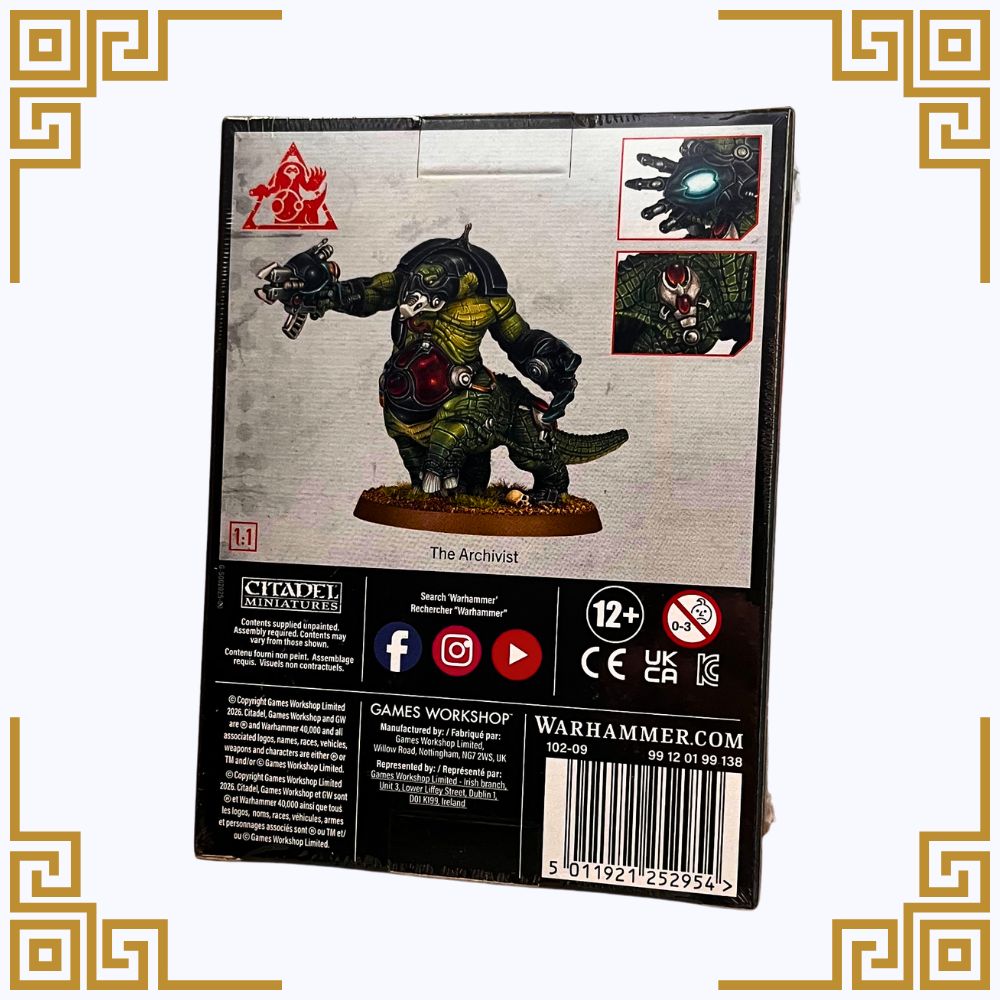 Package of a Warhammer kill team  model with 'The Archivist' on a white background