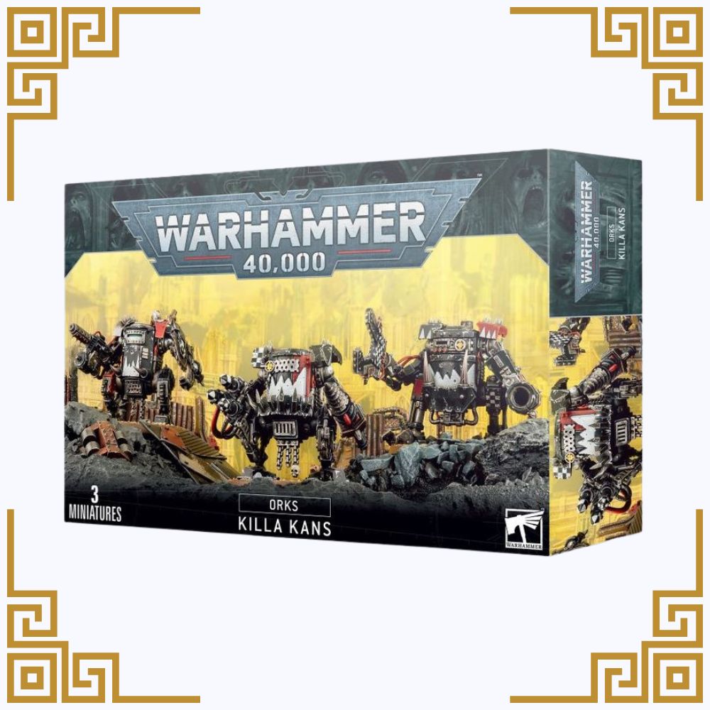 Warhammer 40,000 miniatures box with Orks Killa Kans on a white background