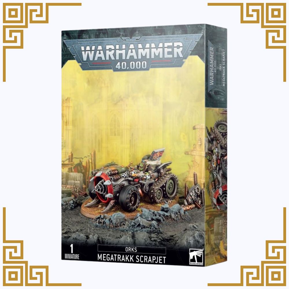 Warhammer 40,000 orks megatrakk scrapjet box with a vehicle model on a yellow background