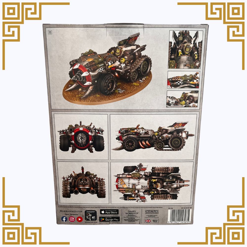 Warhammer 40,000 orks megatrakk scrapjet packaging with model vehicles on a white background