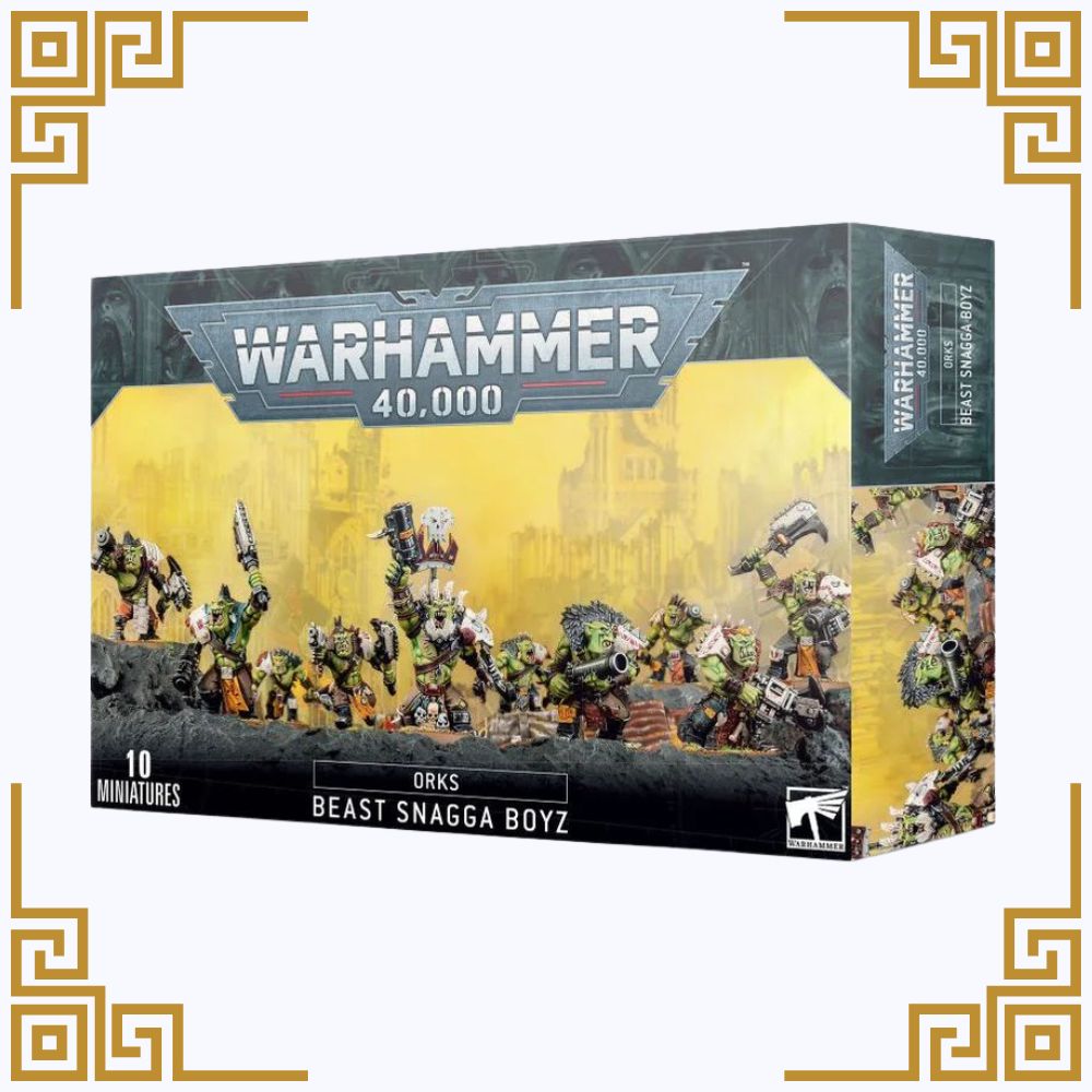 Warhammer 40,000 orks beast snagga boyz box with miniatures on a yellow background