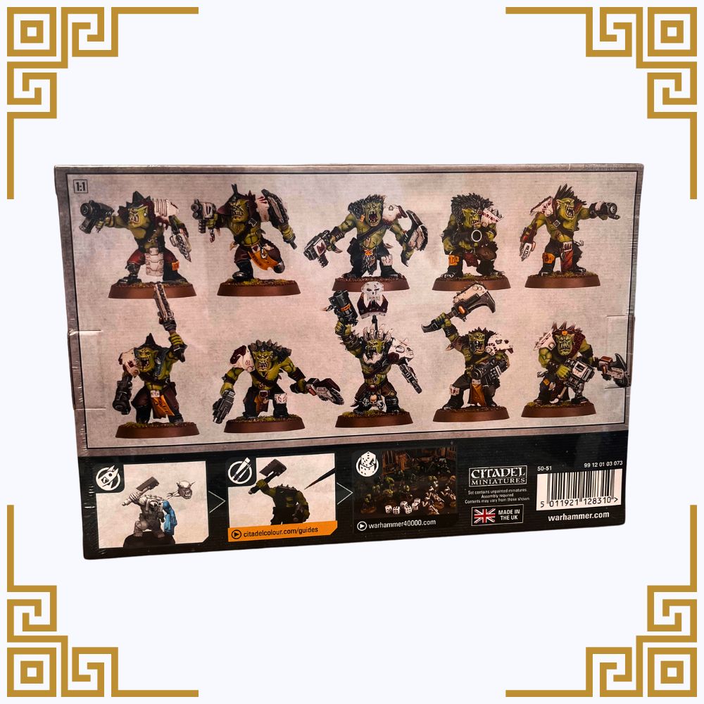 Collection of Warhammer 40,000 orks beast snagga boyz on a box with branding visible