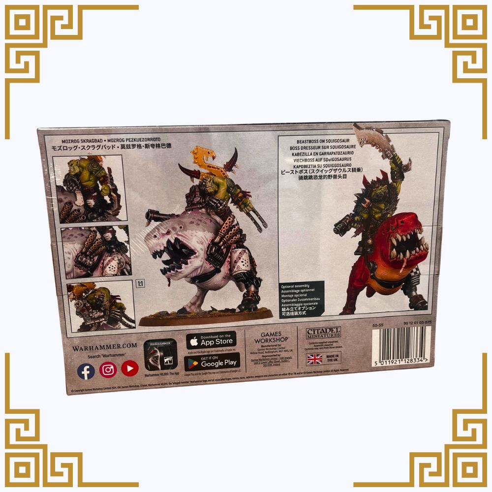 Product packaging for Warhammer 40,000 Orks Mozrog Skragbad or Beastboss on Squigasaur on a white background
