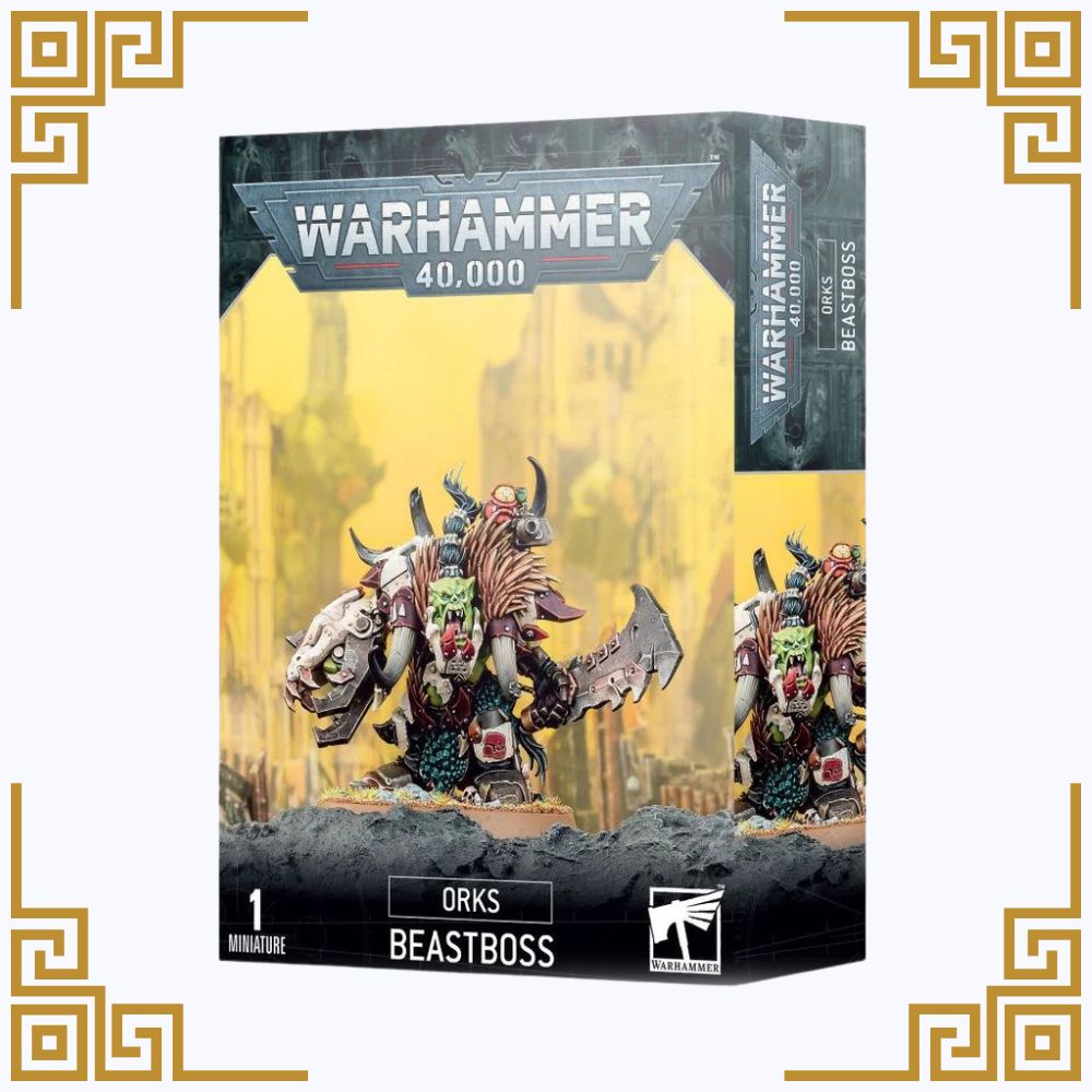 Warhammer 40,000 Orks Beastboss figurine packaging on a white background