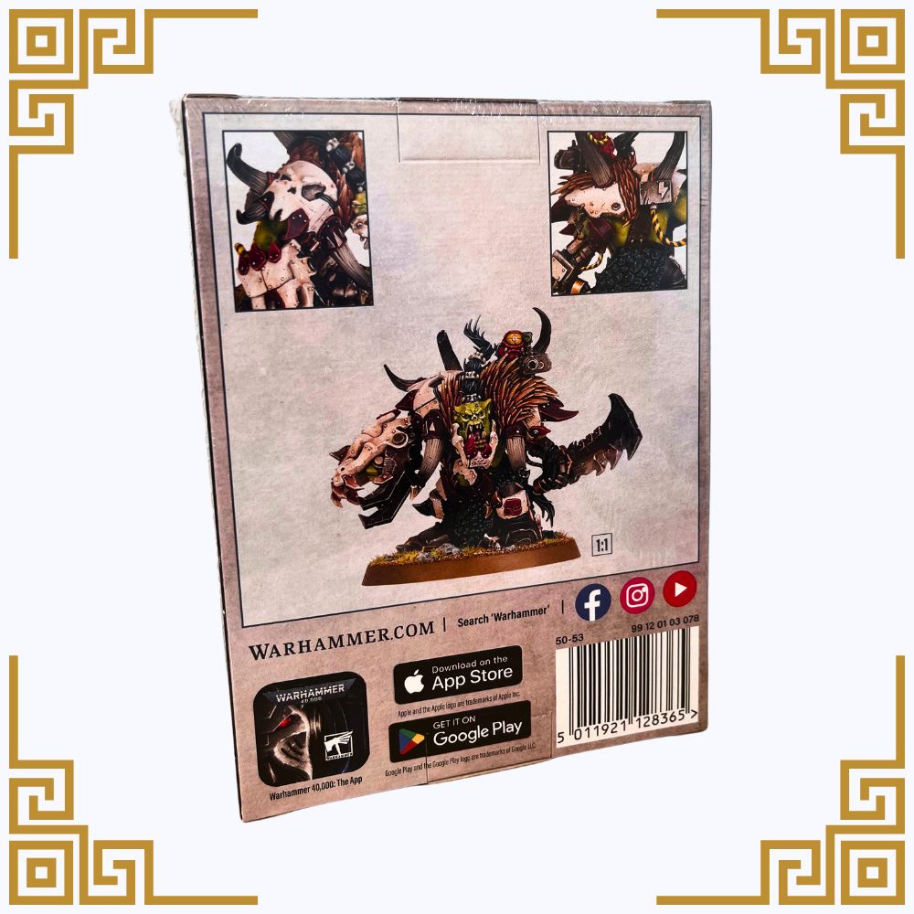 Warhammer 40,000 Orks Beastboss  packaging with character images and branding on a beige background