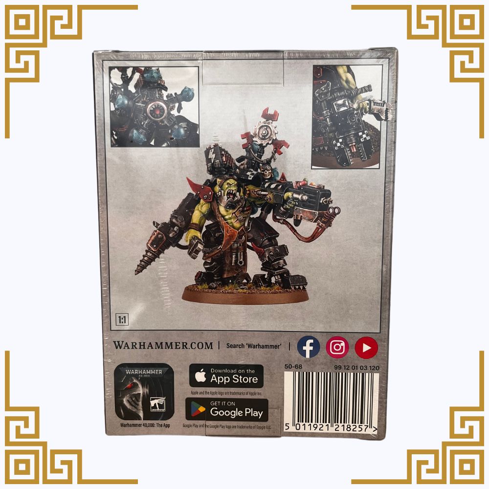 Warhammer orks big mek packaging with character illustration on a white background