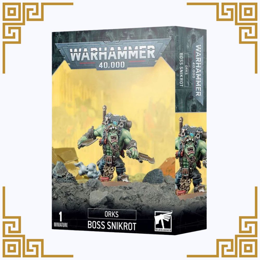 Warhammer 40,000 figurine packaging with 'Boss Snikrot' on a yellow background
