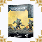 Warhammer 40,000 figurine packaging with 'Boss Snikrot' on a yellow background
