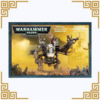Warhammer 40,000 orks deff dread box with a large robot-like figure on a yellow background