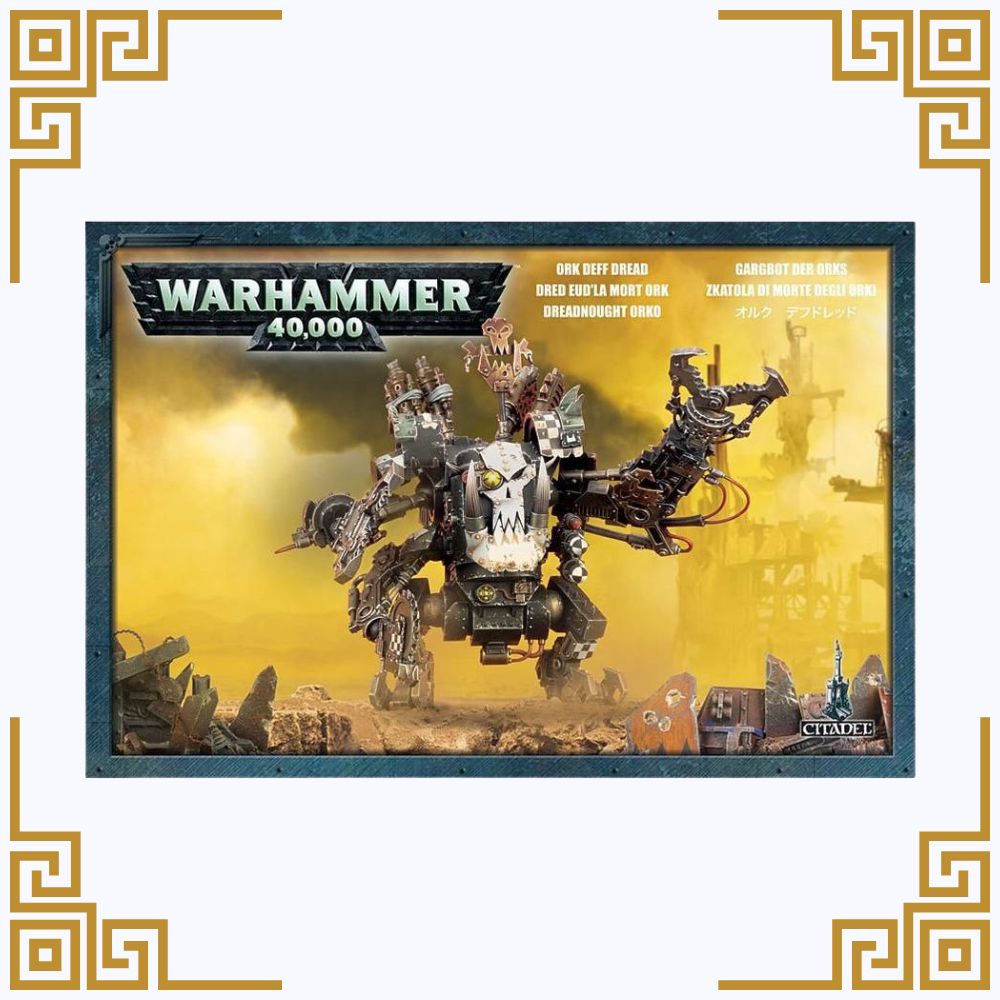 Warhammer 40,000 orks deff dread box with a large robot-like figure on a yellow background