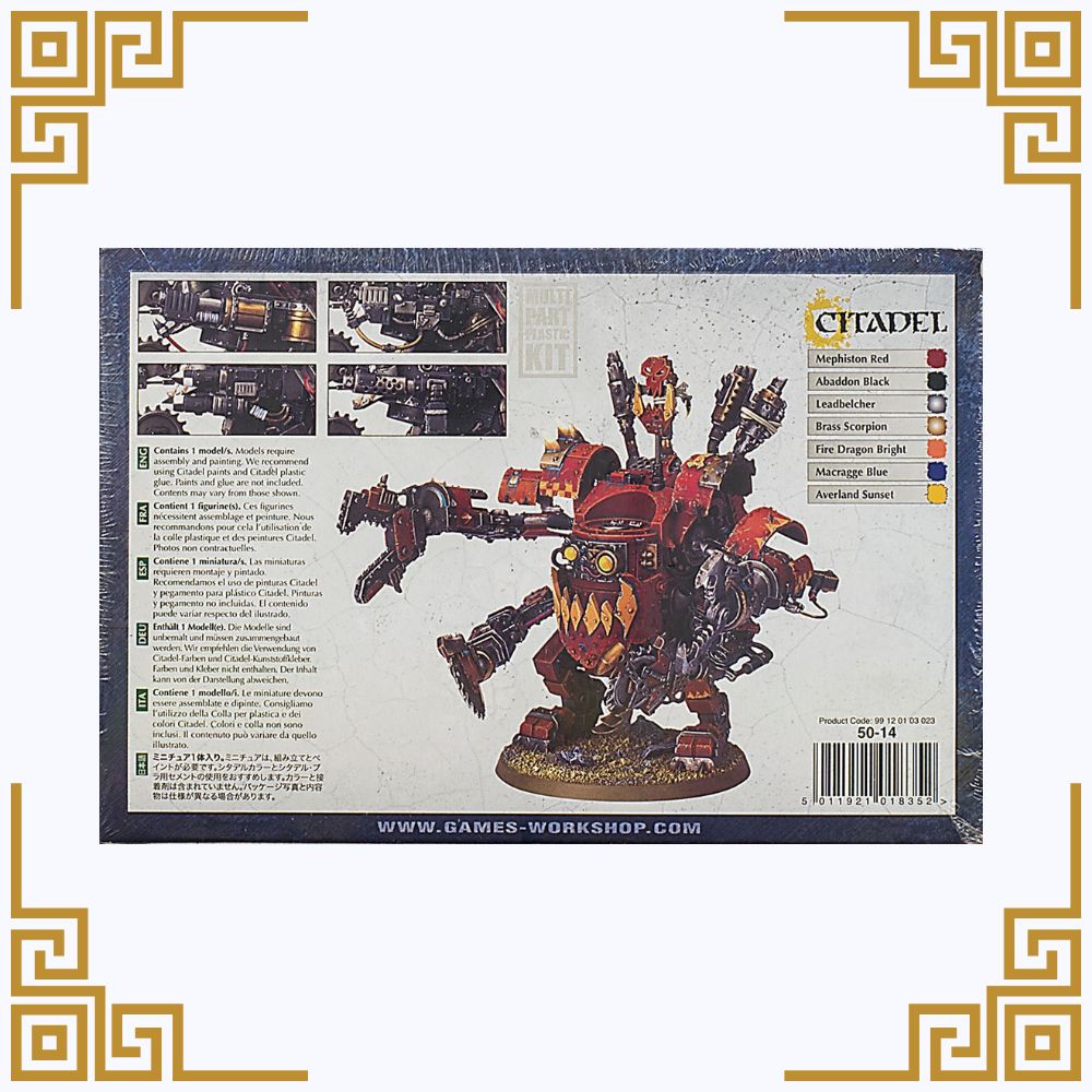Back of a Warhammer 40,000 orks deff dread kit packaging with a detailed robot figure and text on a white background.