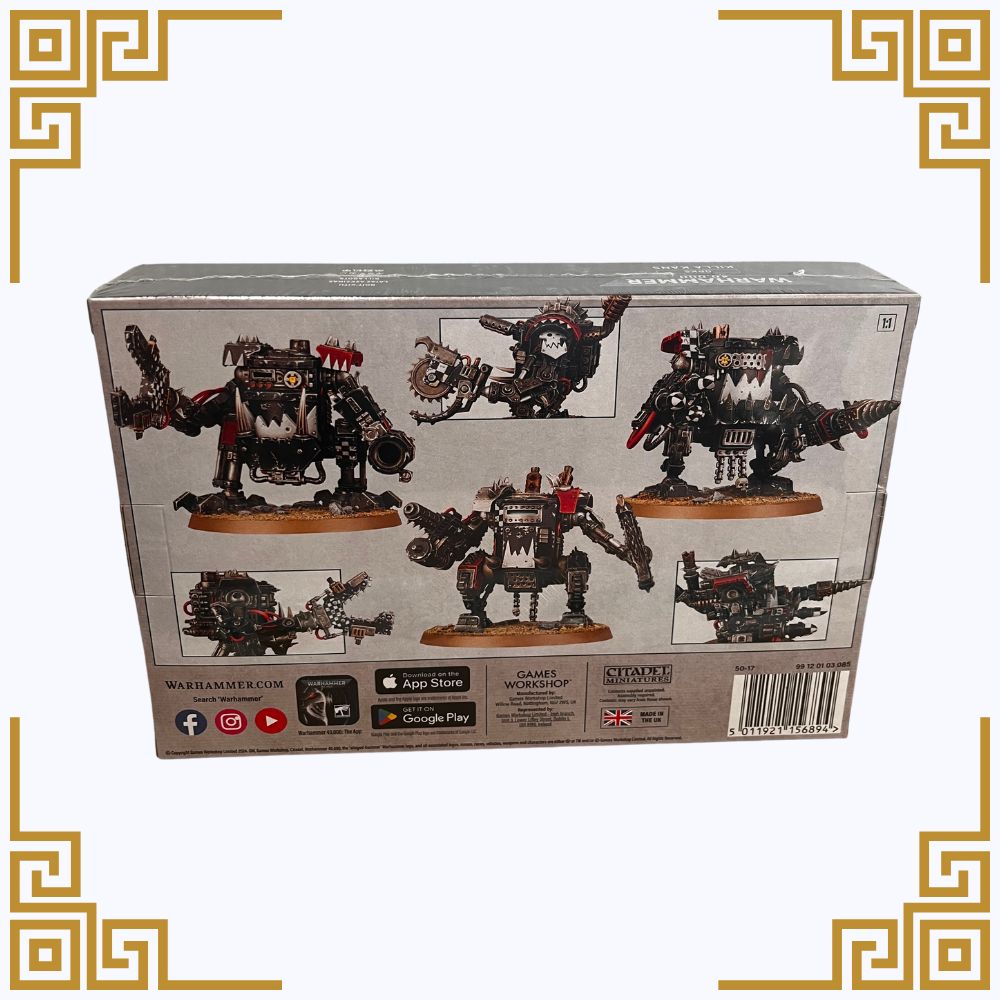 Boxed set of Warhammer Orks Killa Kans with decorative border