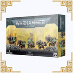 Warhammer 40,000 orks Lootas box with miniatures on a white background