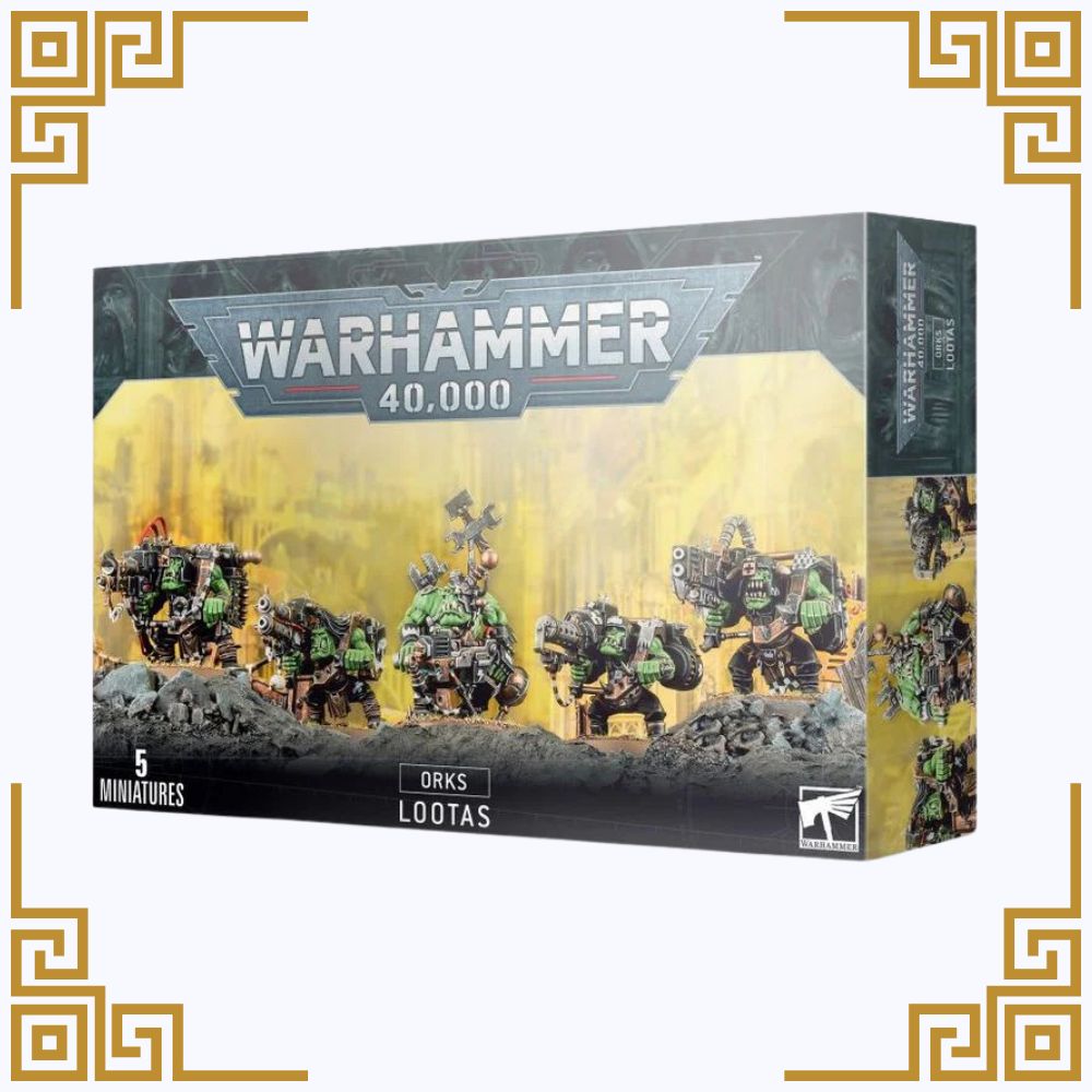 Warhammer 40,000 orks Lootas box with miniatures on a white background