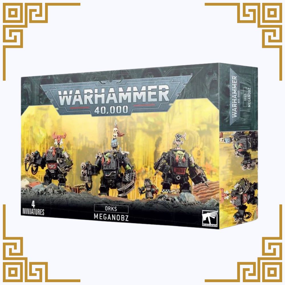 Warhammer 40,000 miniatures box with orks and Meganobz figures on a white background.
