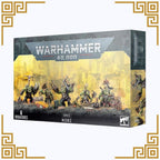 Warhammer 40,000 orks Nobz box with miniatures on a white background