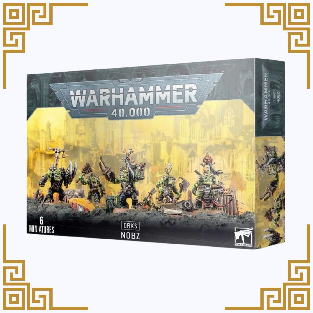 Warhammer 40,000 orks Nobz box with miniatures on a white background