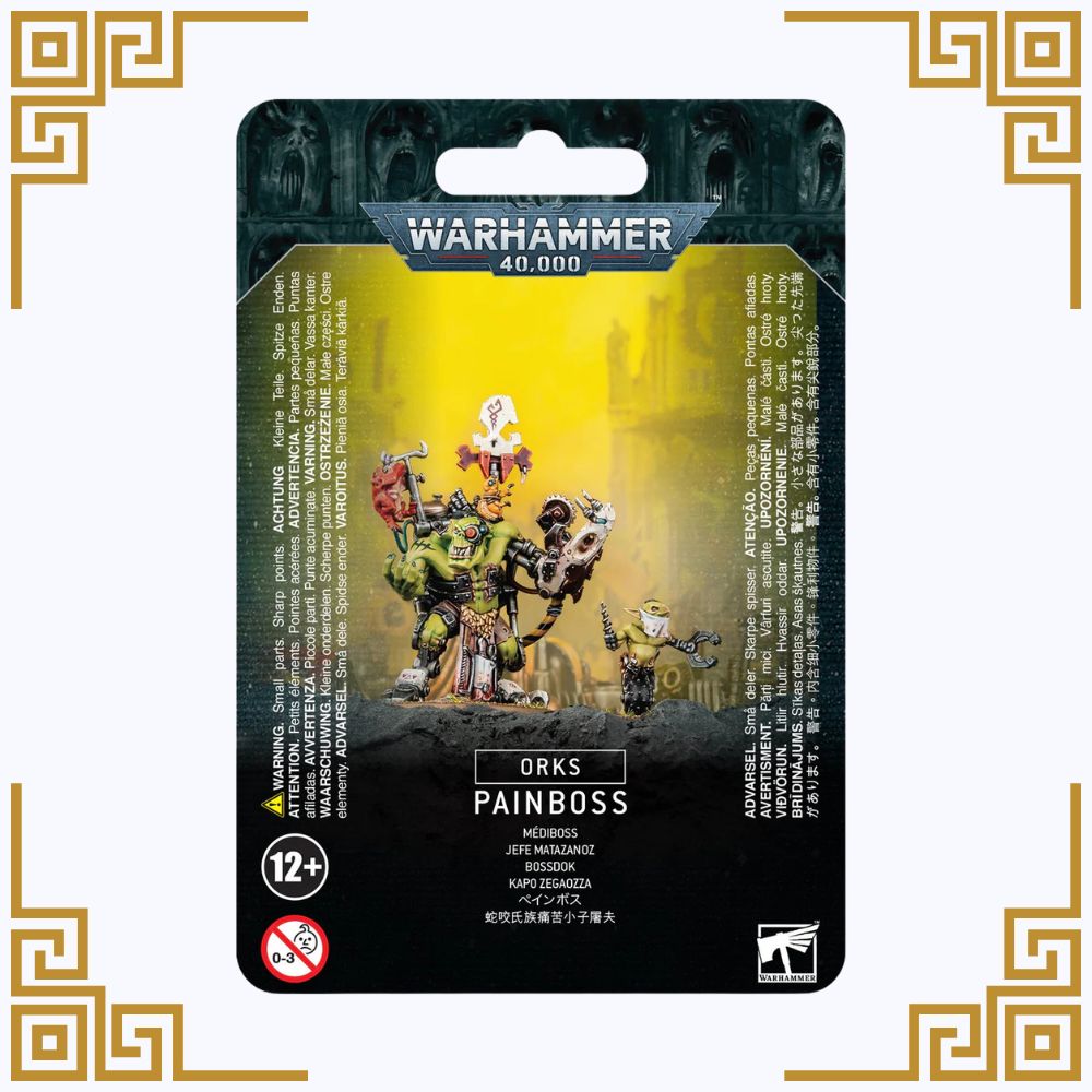 Warhammer 40,000 Orks Painboss figurine packaging on a white background