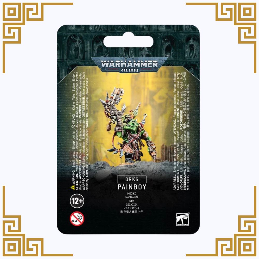 Warhammer 40,000 Orks Painboy figure packaging on a white background