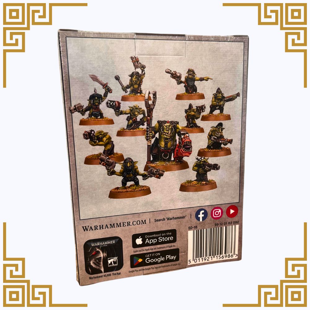 Warhammer 40,000 Orks Runtherd and Gretchin set packaging with miniatures on a beige background