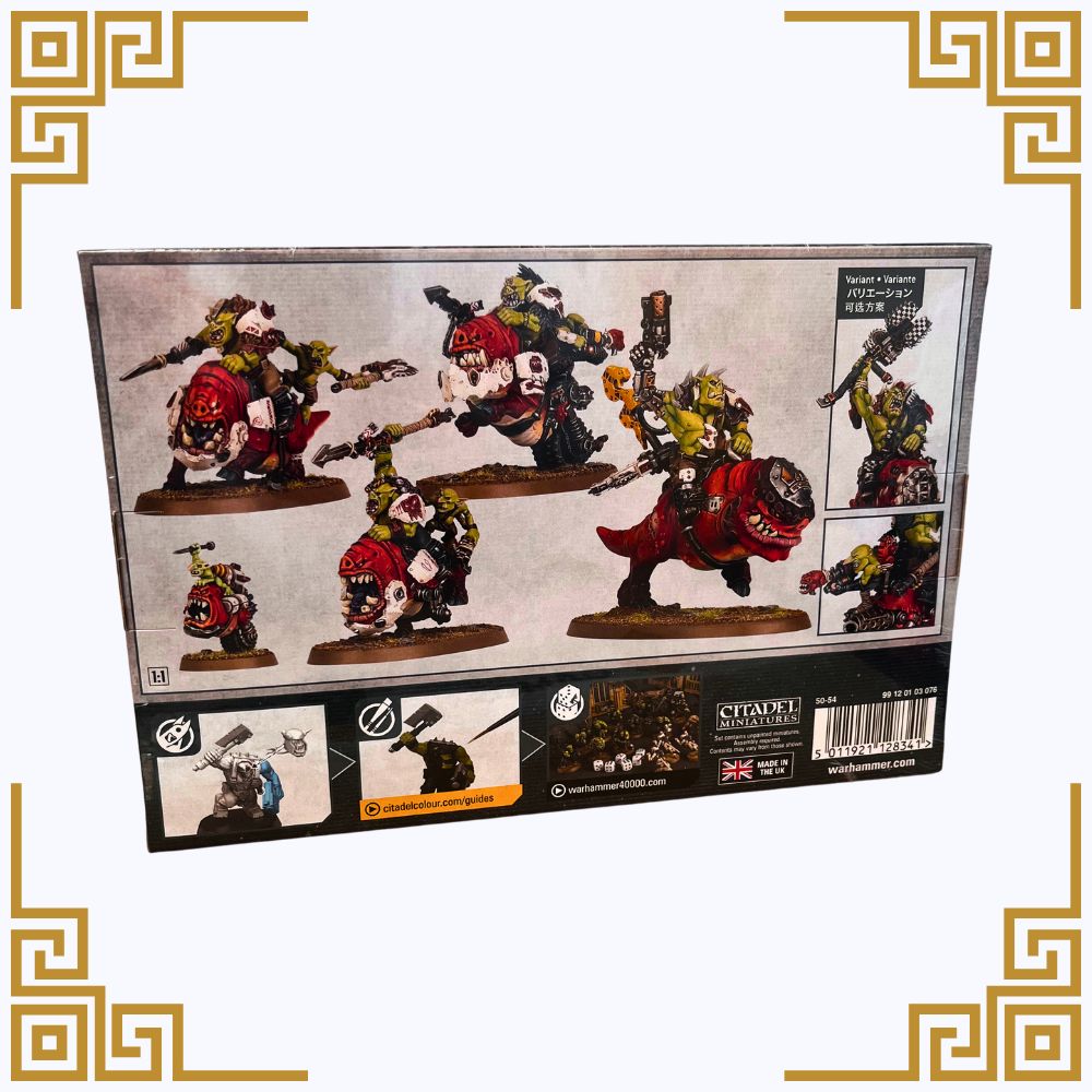 Warhammer 40,000 Orks Squig Hog Boyz packaging with detailed illustrations on a white background