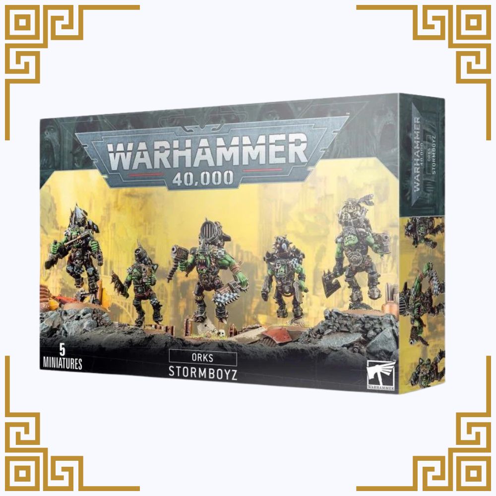 Warhammer 40,000 Orks Stormboyz miniatures box with five figures on a white background