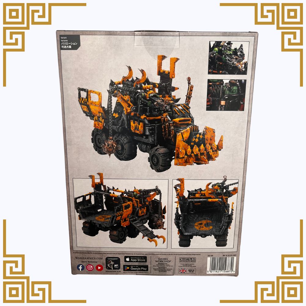 Warhammer 40,000 Orks Trukk packaging with multiple views on a beige background